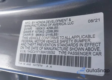 2021 Honda Accord Lx из США, поврежденный, VIN 1HGCV1F13MA106092